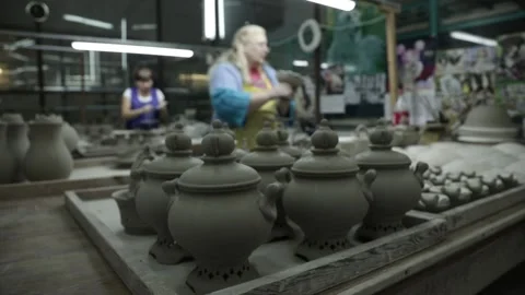 Pottery. Clay dishware. General plan. Panorama from left to right. Video stock 130526451