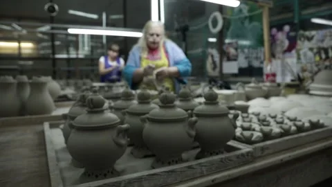 Pottery. Clay dishware. General plan. Panorama from right to left Video stock 130526456