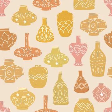 Pottery clay vases. Seamless pattern with ancient and modern ceramic vases, j Stock Illustration