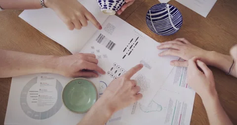 Pottery, documents and hands of people in workshop planning patterns for 動画素材 258335701