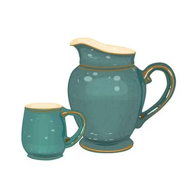 Pottery isolated on white background. Ceramic jug and mug. Stock Illustration