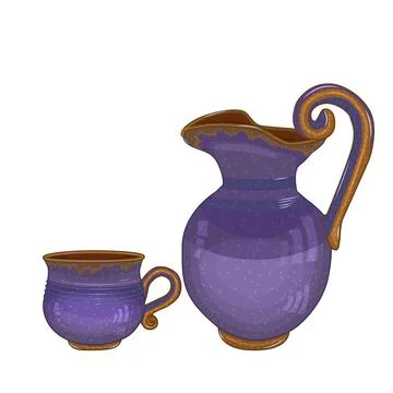 Pottery isolated on white background. Ceramic jug and mug. Stock Illustration