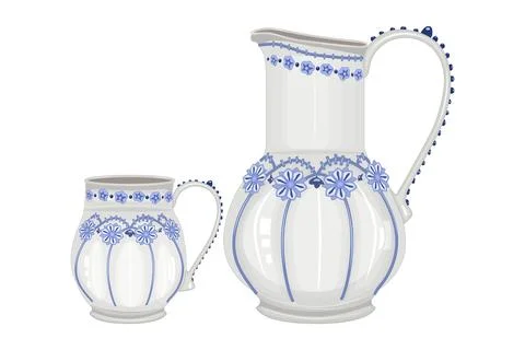 Pottery isolated on white background. Ceramic jug and mug. Clay pitcher. Stock Illustration