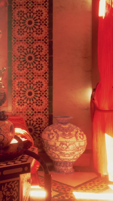 A pottery piece and decorative elements in a warm room setting Stock Footage 339510123