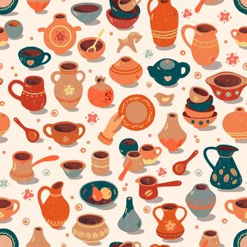 Pottery seamless pattern consisting of various pottery Stock Illustration