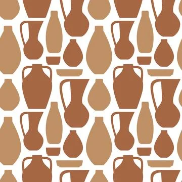 Pottery seamless pattern. Shapes Antique clay jug, pot and plate. Monochromatic Stock Illustration