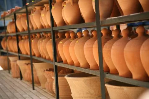 Pottery on shelf Stock Photos
