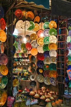 Pottery shop in Morocco ceramic arabian ornament Stock Photos