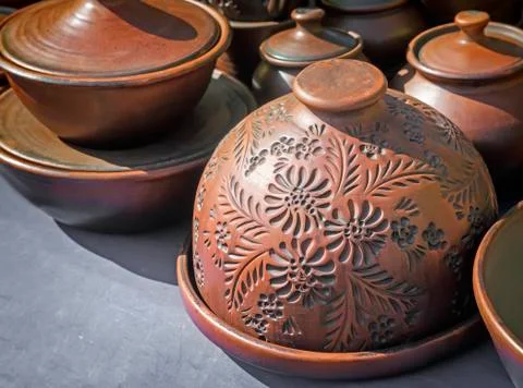 Pottery in the shop window. Stock Photos