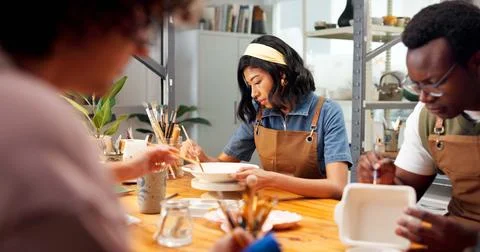 Pottery, studio and people in class for painting, learning skills and creative Stock Photos