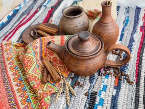 Pottery on the table on the table. View from above Stock Photos
