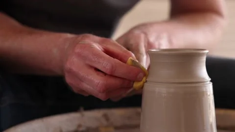 Pottery Wheel Working With Sponge View From Side Slow Motion Stock-Footage 233456909