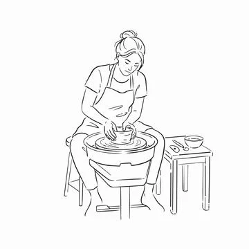 Pottery woman creating ceramic on wheel, artistic illustration Silhouette Stock Illustration