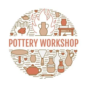 Pottery workshop, ceramics classes banner illustration. Vector line icon of clay Stock Illustration