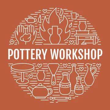 Pottery workshop, ceramics classes banner illustration. Vector line icon of clay Illustrazione stock