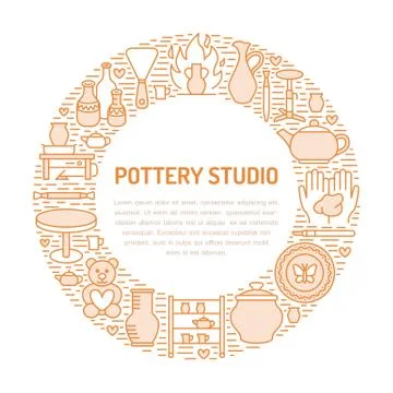 Pottery workshop, ceramics classes banner illustration. Vector line icon of clay Stock Illustration