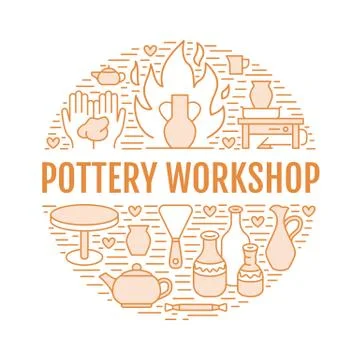 Pottery workshop, ceramics classes banner illustration. Vector line icon of clay Stock Illustration