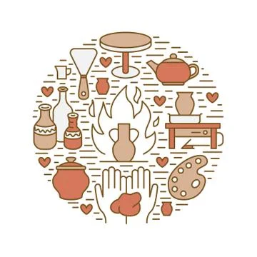 Pottery workshop, ceramics classes banner illustration. Vector line icon of clay Illustrazione stock