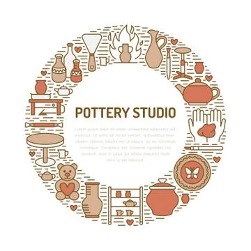 Pottery workshop, ceramics classes banner illustration. Vector line icon of clay Stock Illustration