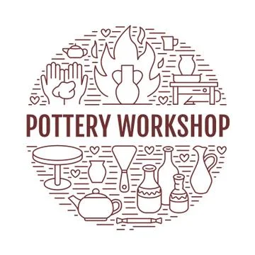 Pottery workshop, ceramics classes banner illustration. Vector line icon of clay Ilustración de archivo