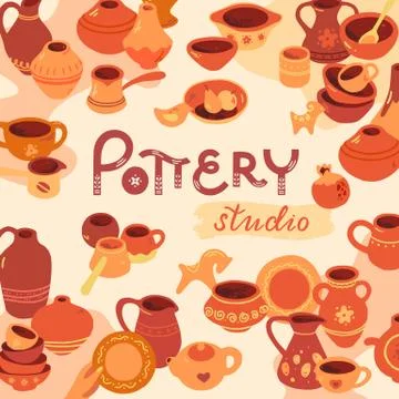 Pottery workshop, ceramics classes banner illustration. Vector line icon of clay Stock Illustration