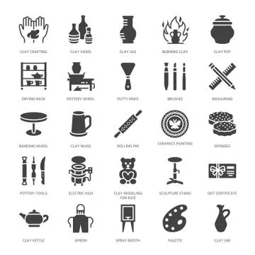 Pottery workshop, ceramics classes flat glyph icons. Clay studio signs. Hand Ilustración de archivo