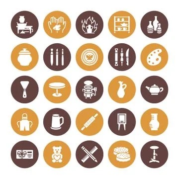 Pottery workshop, ceramics classes flat glyph icons. Clay studio signs. Hand Ilustración de archivo