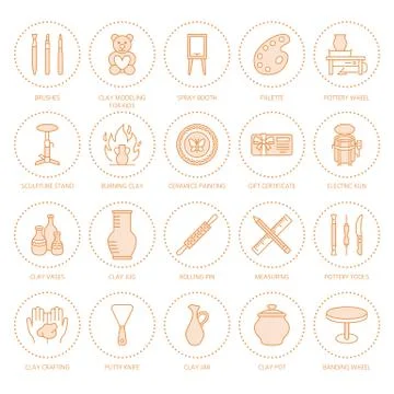 Pottery workshop, ceramics classes line icons. Clay studio tools signs. Hand イラスト素材