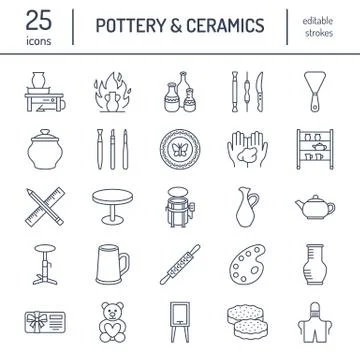 Pottery workshop, ceramics classes line icons. Clay studio tools signs. Hand Stock-Illustration