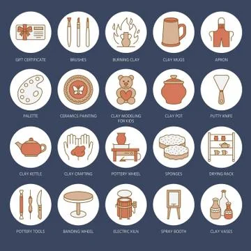 Pottery workshop, ceramics classes line icons. Clay studio tools signs. Hand Ilustración de archivo
