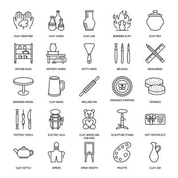 Pottery workshop, ceramics classes line icons. Clay studio tools signs. Hand Ilustración de archivo