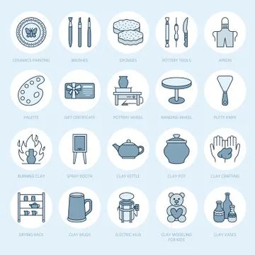 Pottery workshop, ceramics classes line icons. Clay studio tools signs. Hand Ilustración de archivo
