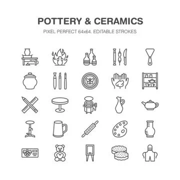 Pottery workshop, ceramics classes line icons. Clay studio tools signs. Hand Illustrazione stock