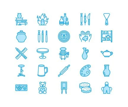 Pottery workshop, ceramics classes line icons. Clay studio tools signs. Hand Ilustración de archivo