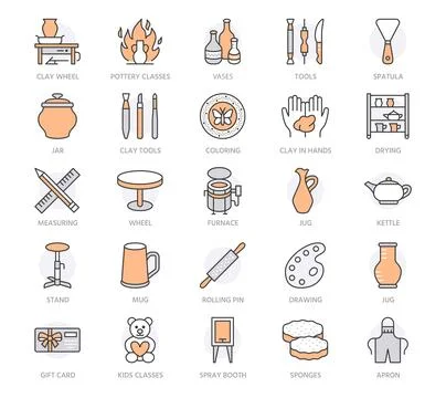 Pottery workshop, ceramics classes vector line icons. Clay studio tools signs Ilustración de archivo