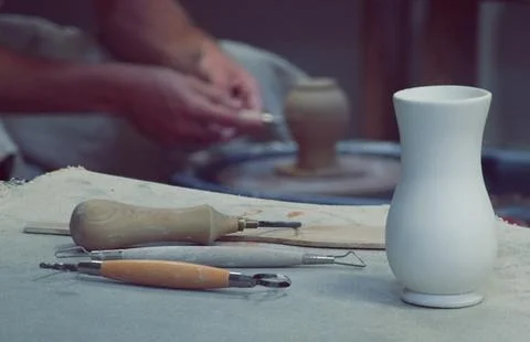 Pottery Workshop. Close up. Soft focus. Instruments on a table Stock Photos