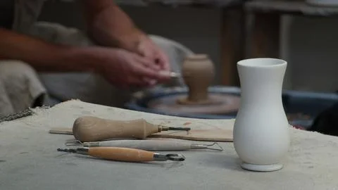 Pottery Workshop. Close up. Soft focus. Instruments on a table Stock Photos