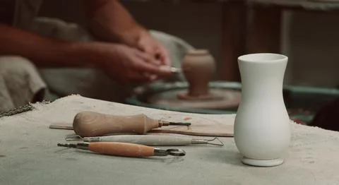 Pottery Workshop. Close up. Soft focus. Instruments on a table 写真素材