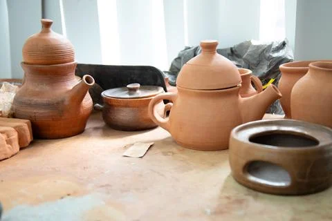 Pottery workshop with crockery . Close up view . Failed pottery Stock Photos