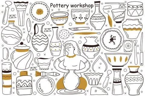 Pottery workshop doodle set. Collection of hand drawn sketches templates Stockillustratie