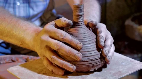 Pottery workshop, male hands, working process, close up Stock Footage 67882489