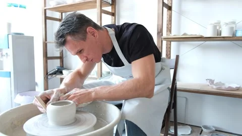 Pottery Workshop, Man Potter Makes A Pitcher Out Of Clay, Handicraft, Production Stock Footage 169498855