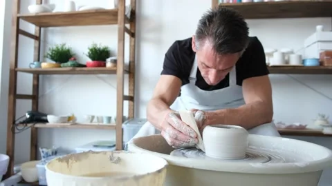 Pottery Workshop, Man Potter Makes A Pitcher Out Of Clay, Handicraft, Production Stock-Footage 169498871
