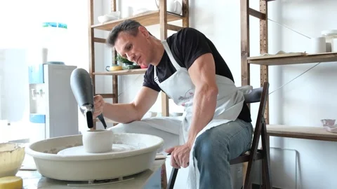 Pottery Workshop, Man Potter Makes A Pitcher Out Of Clay, Handicraft, Production Stock-Footage 169498925