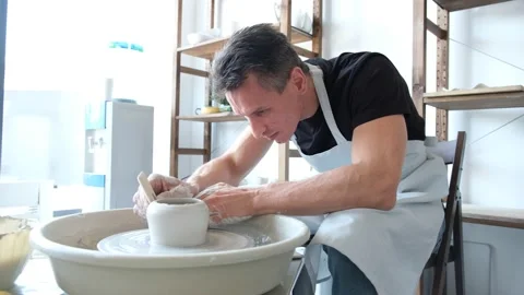 Pottery Workshop, Man Potter Makes A Pitcher Out Of Clay, Handicraft, Production Stock-Footage 169572458