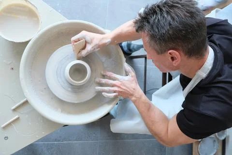 Pottery Workshop, Man Potter Makes A Pitcher Out Of Clay, Handicraft, Production Stock Photos