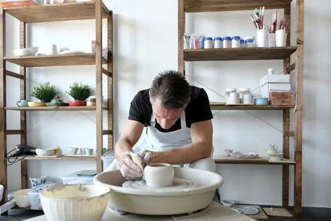 Pottery Workshop, Man Potter Makes A Pitcher Out Of Clay, Handicraft, Production Stock Photos