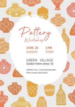Pottery workshop poster vector template with ceramic Stock Illustration