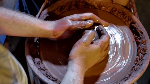 Pottery workshop, potter's wheel, close up, male hands Stock Footage 67882095