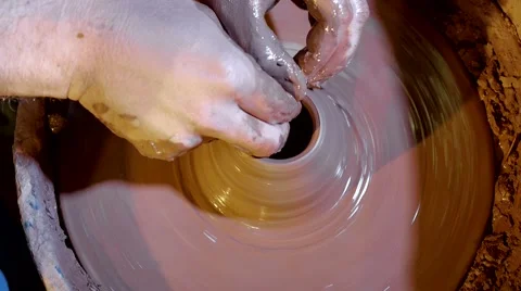Pottery workshop, potter's wheel, close up, male hands Stock Footage 67882113